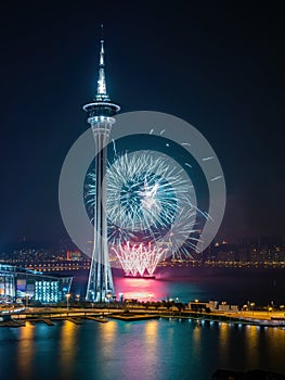 Night view of the fireworks over Macau Tower Convention and Entertainment Center