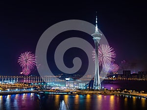 Night view of the fireworks over Macau Tower Convention and Entertainment Center