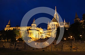 Night view of Fisherman`s Bastion and Matthias church, Budapest, Hungary