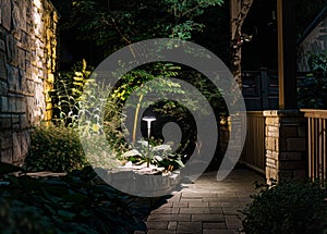 Night View Of Flowerbed Illuminated By Energy-Saving Solar Powered Lantern On Courtyard. Beautiful Small Garden Light