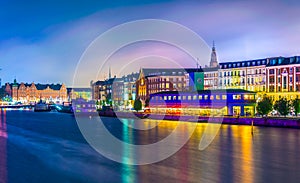 Night view of the Former custom house and ferry terminal The Standard in central Copenhagen, Denmark