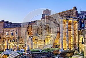 Night view of the Forum of Augustus in Rome.