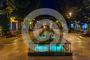 Night view of a fountain and an altar in a park in the center of Santa Cruz de la Palma, Canary islands, Spain