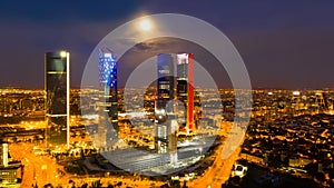 Night view of the four towers of the business district in Madrid. Spain