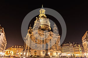 Night view of the Frauenkirche church on Neumarkt square in the old town of Dresden, Saxony, Germany