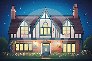 night view of a front gable on a tudor house under warm exterior lighting, magazine style illustration