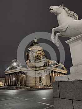 Night view of frozen the monument St. Isaac's Cathedral in frost after severe frosts, Russia, St.Petersburg