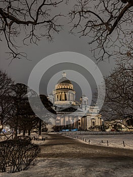 Night view of frozen the monument St. Isaac's Cathedral in frost after severe frosts, Russia, St.Petersburg