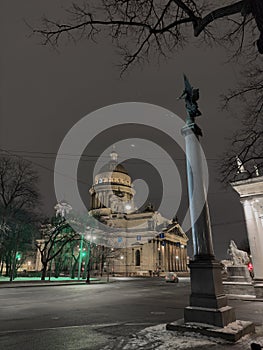 Night view of frozen the monument St. Isaac's Cathedral in frost after severe frosts, Russia, St.Petersburg