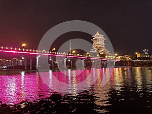 Night view of Fujian River and Yue Wang Tower, Mianyang, China.