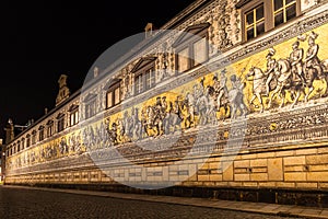 Night view of the  FÃ¼rstenzug Procession of Princes painting on the wall outside of the Dresden Castle Residenzschloss in