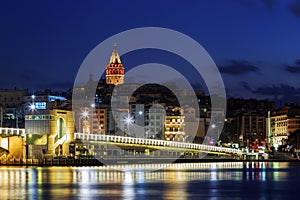 Night view of Galata bridge and Galata Tower.