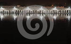 Night view of gallery of temple of Gurudwara Bangla Sahib.