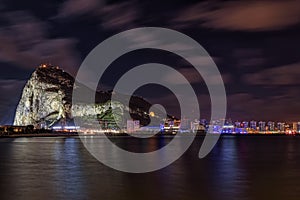 Night view on Gibraltar rock from Spanish town La Linea de la Concepcion.