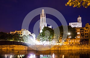 Night view of Girona - Church of Sant Feliu and Cathedral