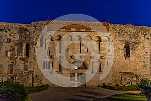 Night view of the golden gate of Diocletian palace in Split, Croatia