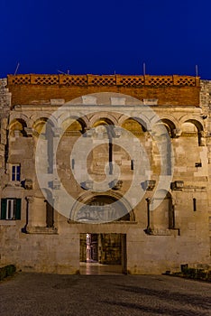 Night view of the golden gate of Diocletian palace in Split, Croatia