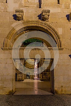 Night view of the golden gate of Diocletian palace in Split, Croatia