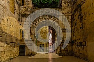 Night view of the golden gate of Diocletian palace in Split, Croatia