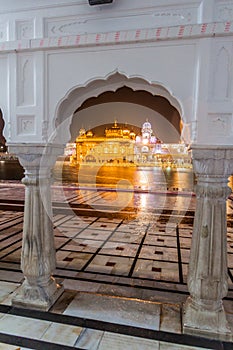 Night view of the Golden Temple (Harmandir Sahib) in Amritsar, Punjab state, Ind