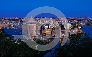 The night view of Grand harbour, Senglea peninsula and Guard tow