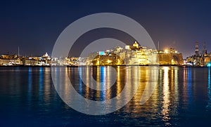 The night view of Grand Harbour and Senglea peninsula, Malta