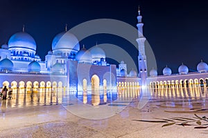 Night view of Grand Mosque, also called Sheikh Zayed Grand Mosque in Abu Dhabi, United Arab Emirates, a very popular touristic