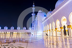 Night view of Grand Mosque, also called Sheikh Zayed Grand Mosque in Abu Dhabi, United Arab Emirates, a very popular touristic