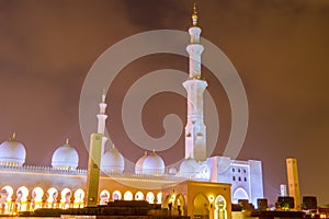 Night view of Grand Mosque, also called Sheikh Zayed Grand Mosque in Abu Dhabi, United Arab Emirates, a very popular touristic