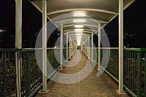 Night view of Green overpass footpath for pedestrian in highway