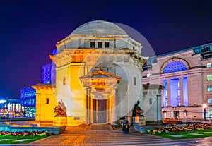Night view of Hall of Memory, Library of Birmingham and Baskerville house, England photo