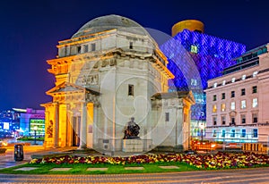 Night view of Hall of Memory, Library of Birmingham and Baskerville house, England photo