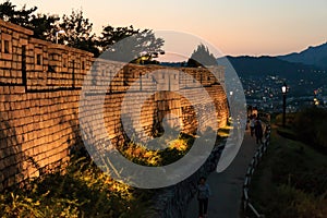 Night view of Hanyangdoseong, a fortress wall in Seoul city in Korea