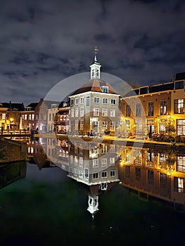 Night view of the harbor in Schiedam the Neth