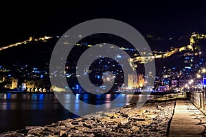 Night view of harbour, fortress and ancient shipyard in Alanya, Turkey.