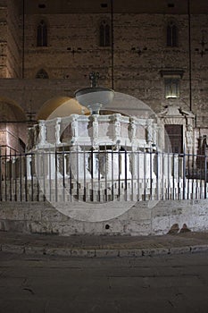 Night view of the historic Fontana Maggiore in Perugia