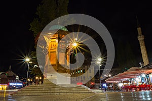 Night view of the historic fountain Sebilj in the Old Town of Sarajevo. Bosnia and Herzegovina