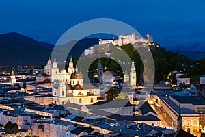 Night view on the historical centre of Salzburg city and Hohensalzburg fortress