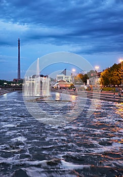 Night view of the Historical park with light and music fountain on the channel dam in Yekaterinburg