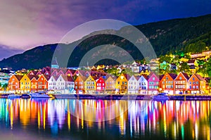 Night view of a historical wooden district Bryggen in the norwegian city Bergen....IMAGE