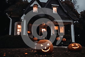 night view of home exterior decorated for halloween holiday, jack o lanterns in the yard