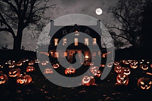 night view of home exterior decorated for halloween holiday, jack o lanterns in the yard