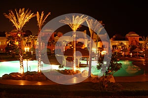 Night view of the hotel and swimming pool in Makadi, Hurghada, Egypt