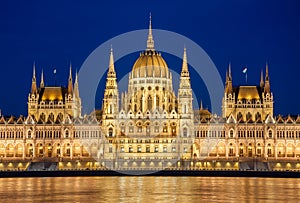 Night view of the Hungarian Parliament Building on the bank of the Danube in Budapest, Hungary