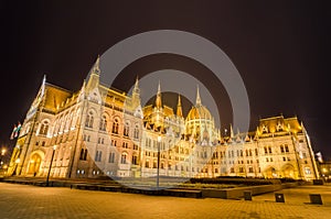 Night view of the Hungarian Parliament Building in Budapest, Hungary