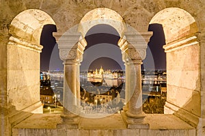 Night view of the Hungarian Parliament Building in Budapest, Hungary