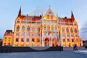 Night view of the Hungarian Parliament Building in Budapest, Hungary.