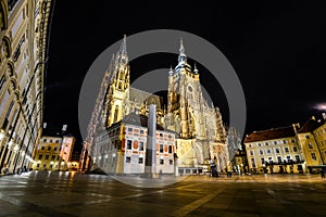 Night view on illumanated Saints Vitus Cathedral and Prague Castle , Prague, Czech Republic