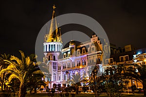 Night view of illuminated Batumi Astronomical Clock Tower building with palm tree