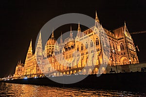 Night view of the illuminated building of the hungarian parliament in budapest